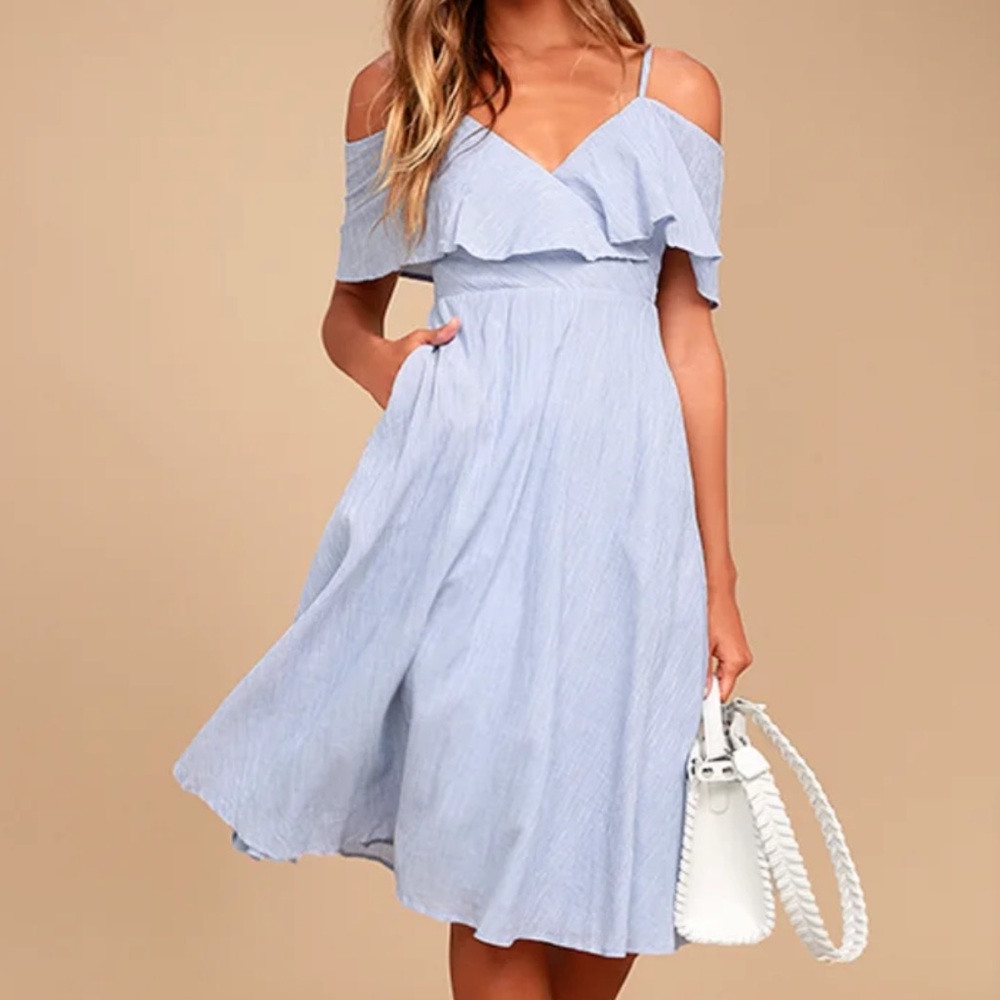 Lulus Yacht Blue and Striped White Off-the-Shoulder Midi Dress size medium